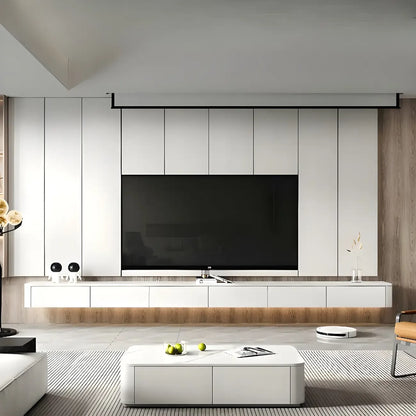 Meuble TV suspendu élégant en pierre blanche avec tiroirs de rangement