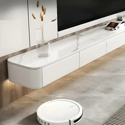 Meuble TV suspendu élégant en pierre blanche avec tiroirs de rangement