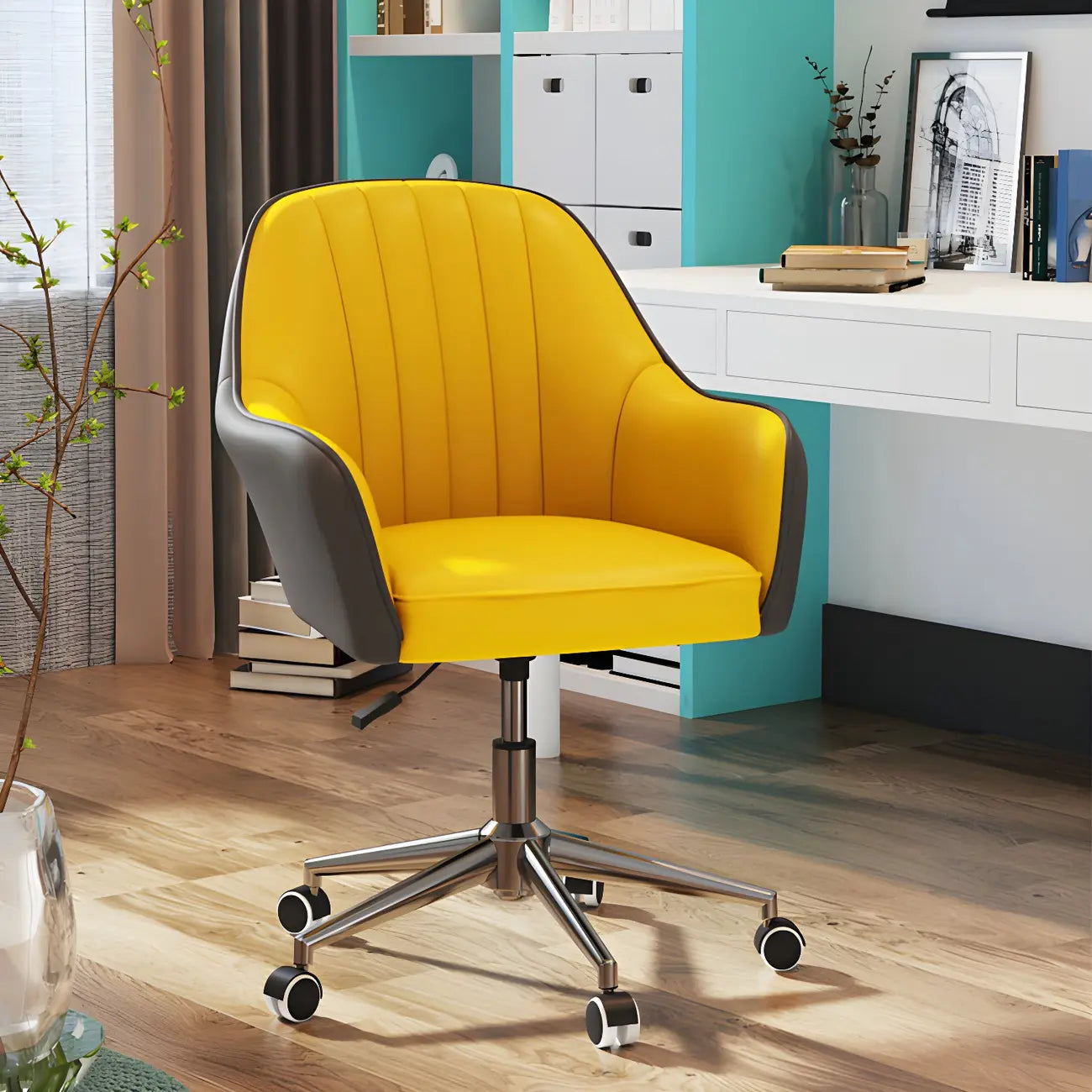 Fauteuil de bureau pivotant moderne en cuir jaune