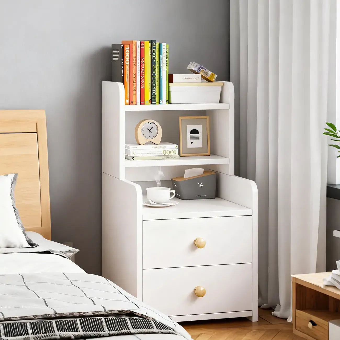 Table de chevet moderne en bois, haute et spacieuse, avec étagères et 2 tiroirs
