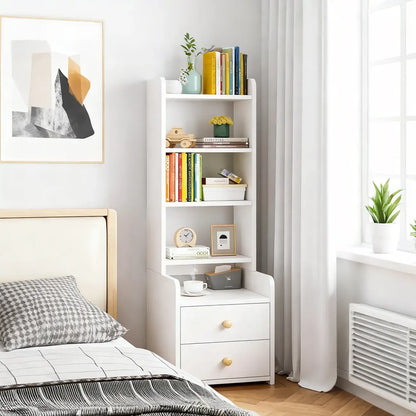 Table de chevet moderne en bois, haute et spacieuse, avec étagères et 2 tiroirs