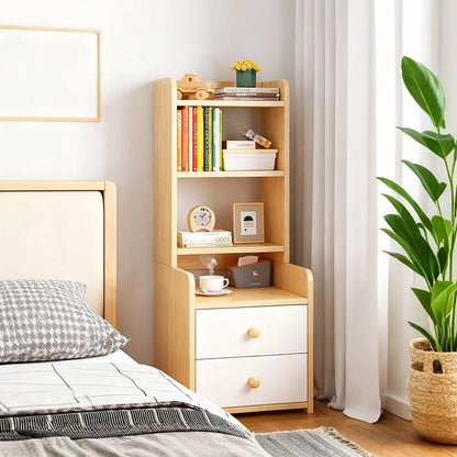 Table de chevet moderne en bois, haute et spacieuse, avec étagères et 2 tiroirs