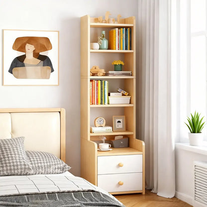 Table de chevet moderne en bois, haute et spacieuse, avec étagères et 2 tiroirs