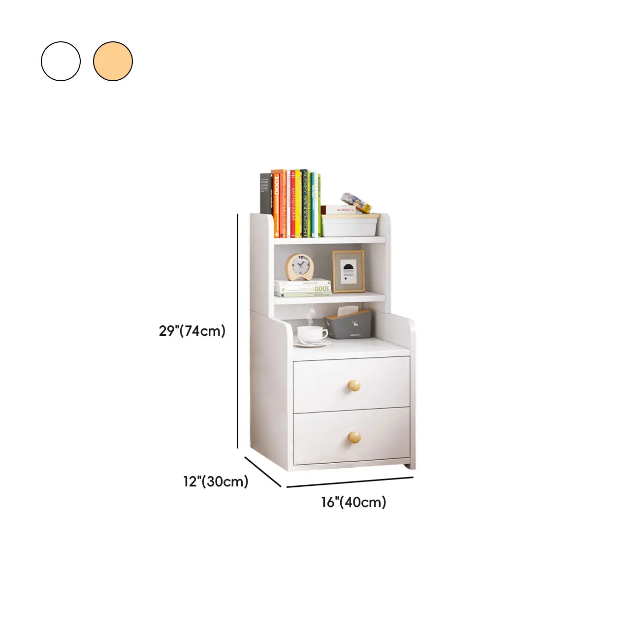 Table de chevet moderne en bois, haute et spacieuse, avec étagères et 2 tiroirs