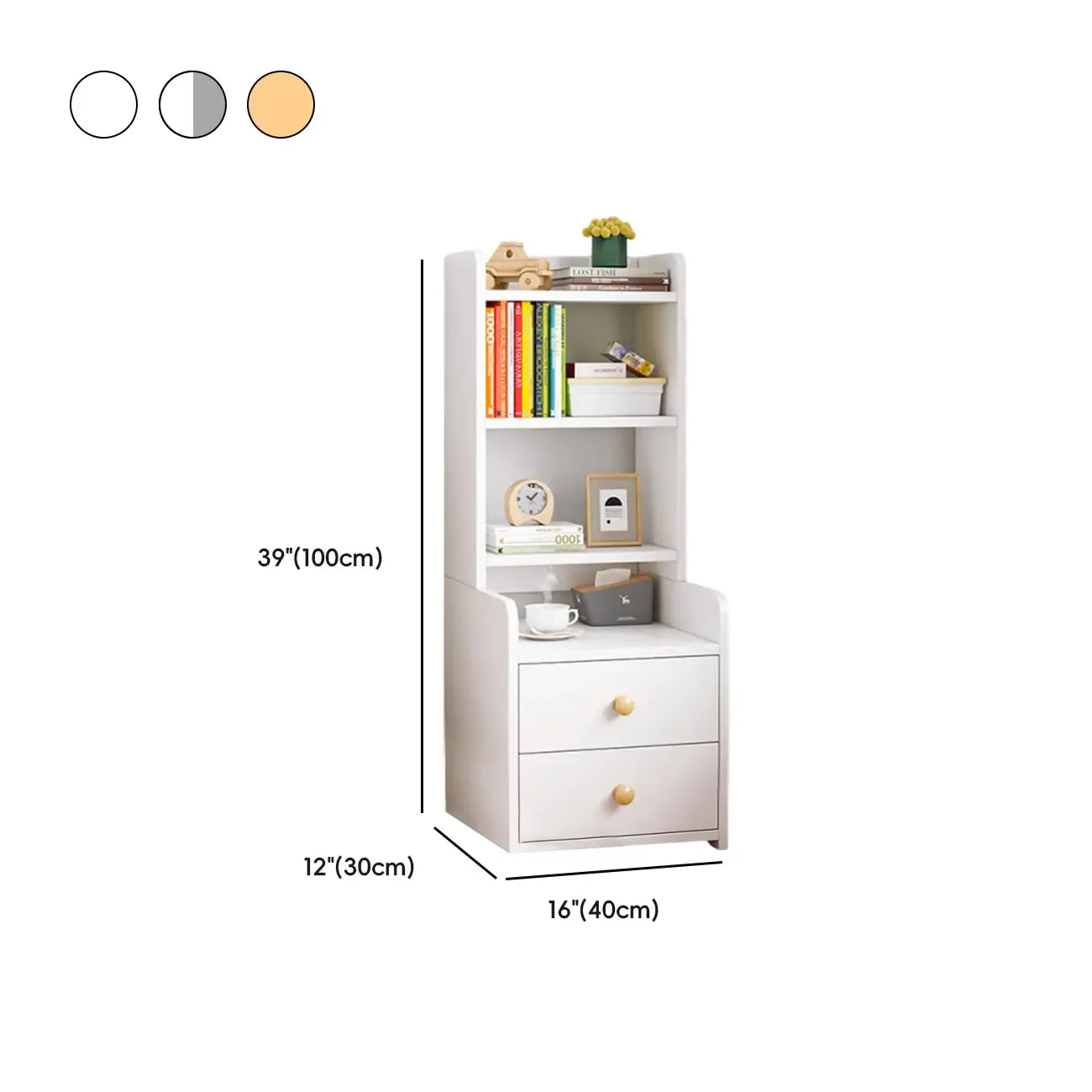 Table de chevet moderne en bois, haute et spacieuse, avec étagères et 2 tiroirs