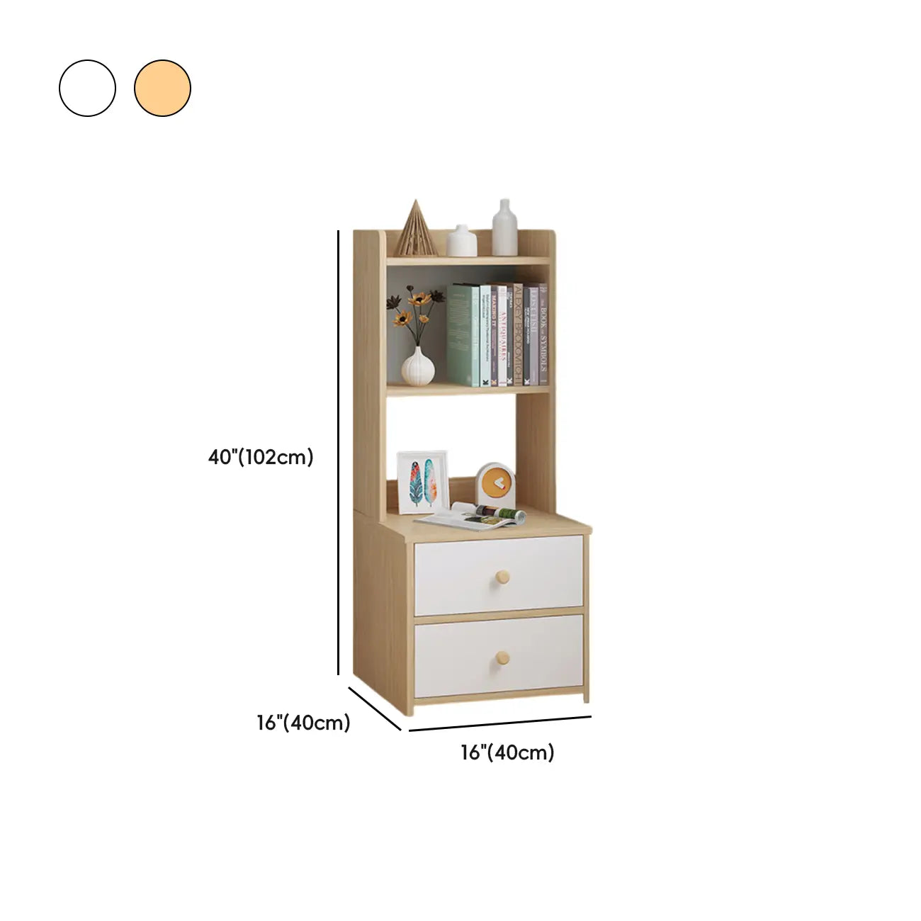 Table de chevet moderne en bois, haute et spacieuse, avec étagères et 2 tiroirs