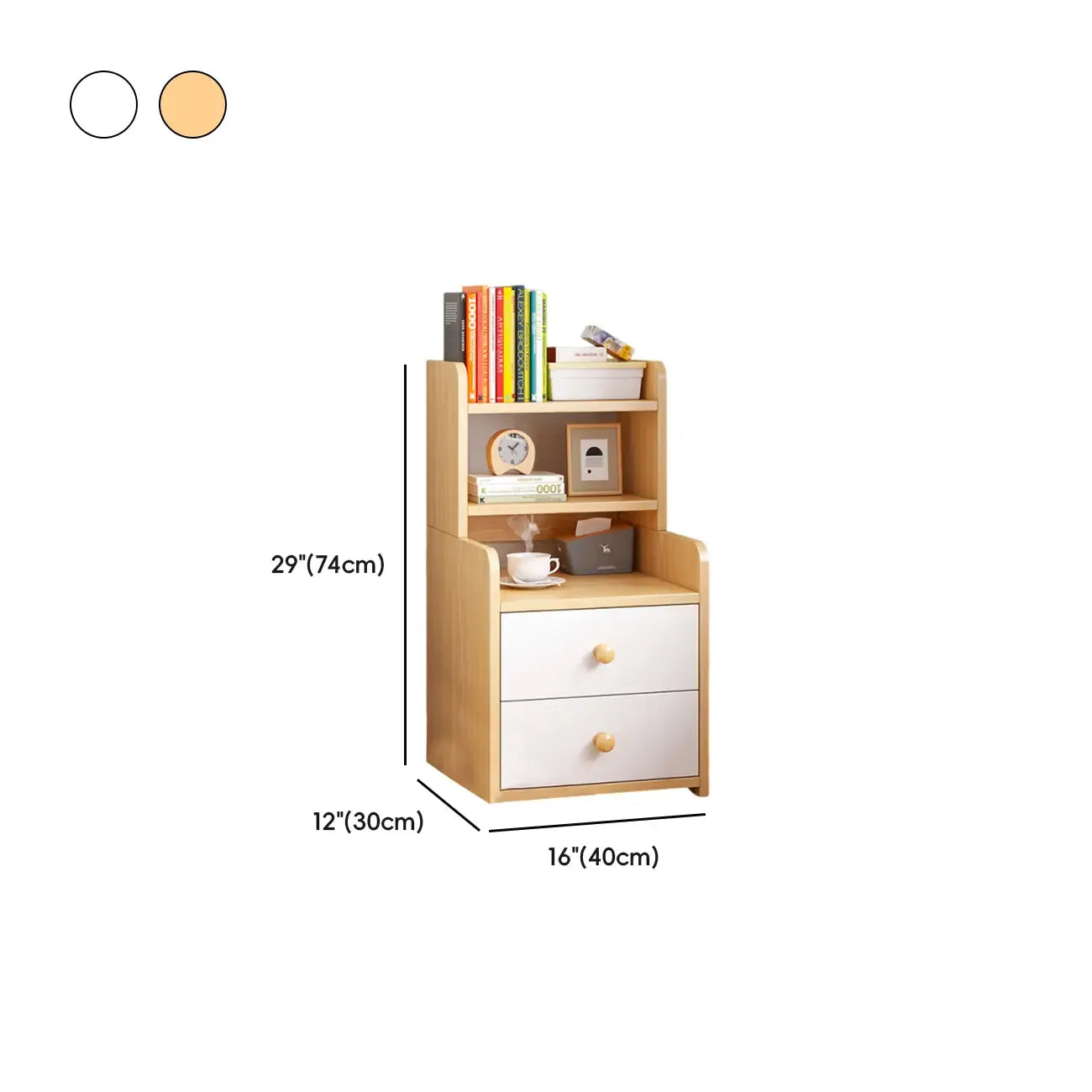 Table de chevet moderne en bois, haute et spacieuse, avec étagères et 2 tiroirs