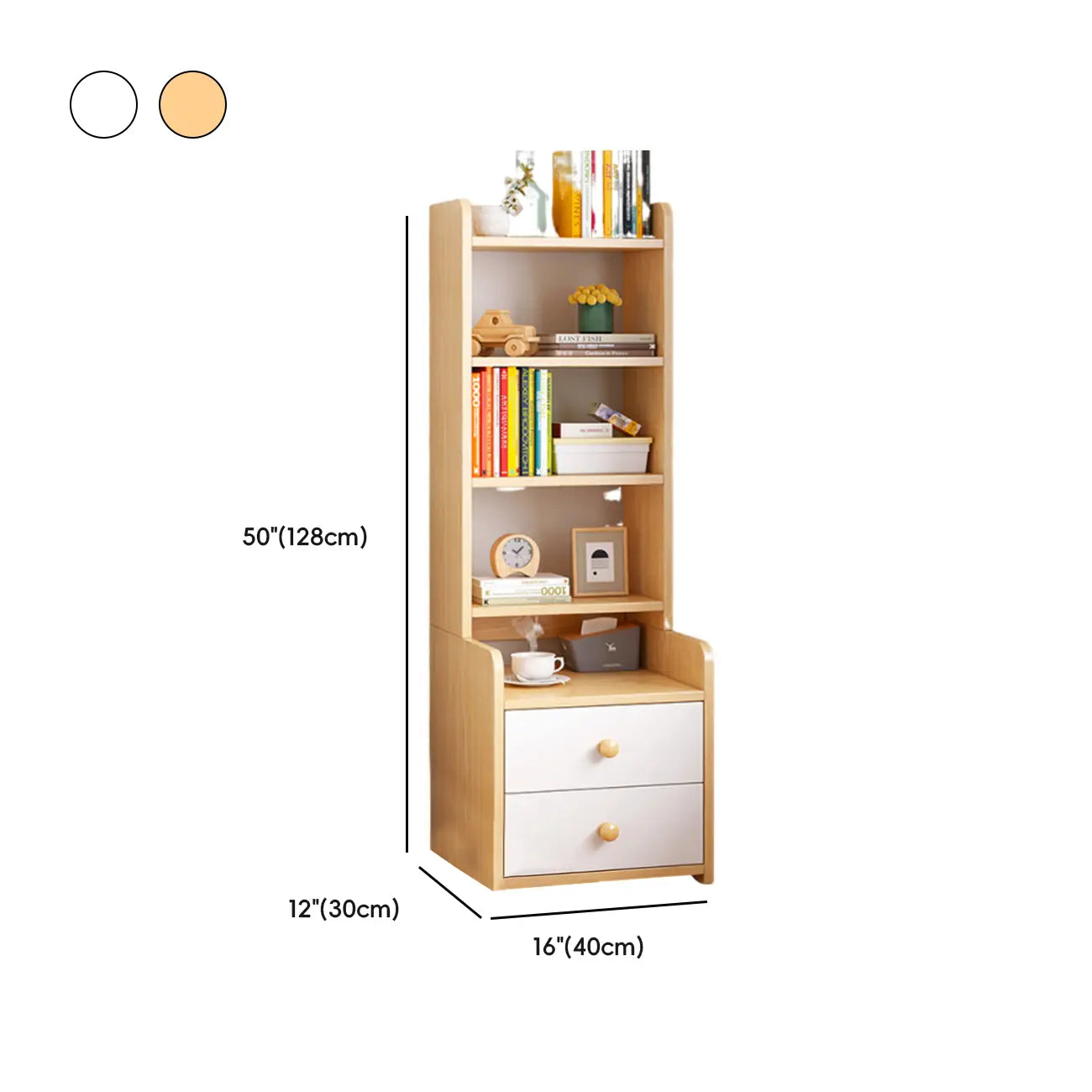 Table de chevet moderne en bois, haute et spacieuse, avec étagères et 2 tiroirs