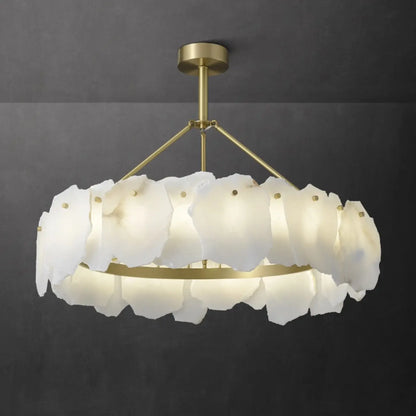 Lustre circulaire en albâtre blanc avec tige de suspension en laiton