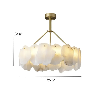 Lustre circulaire en albâtre blanc avec tige de suspension en laiton