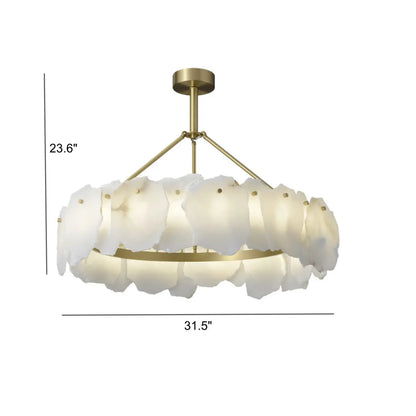 Lustre circulaire en albâtre blanc avec tige de suspension en laiton