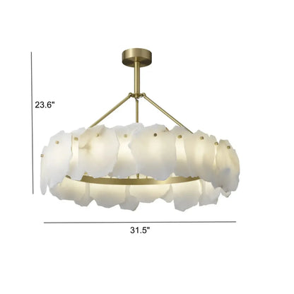 Lustre circulaire en albâtre blanc avec tige de suspension en laiton