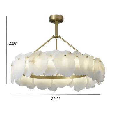 Lustre circulaire en albâtre blanc avec tige de suspension en laiton
