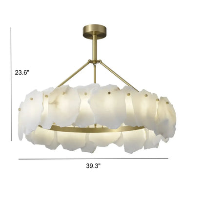 Lustre circulaire en albâtre blanc avec tige de suspension en laiton