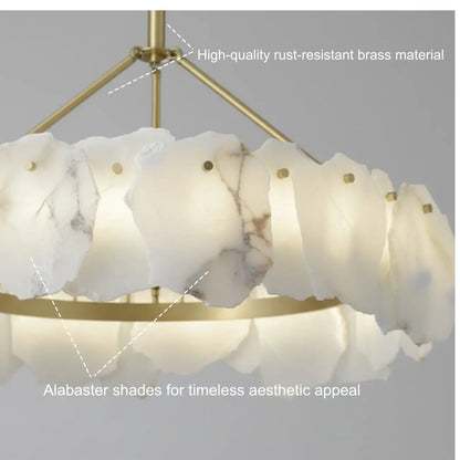 Lustre circulaire en albâtre blanc avec tige de suspension en laiton