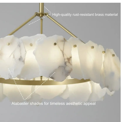 Lustre circulaire en albâtre blanc avec tige de suspension en laiton