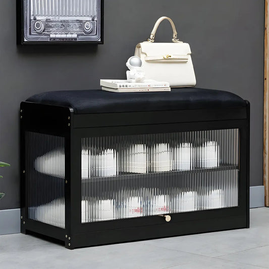 Banc de rangement à chaussures en bambou noir avec portes vitrées, entrée