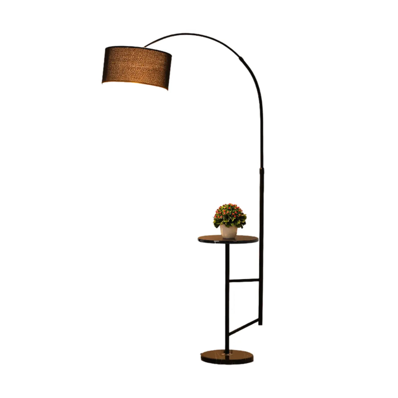 Lampadaire moderne à arc réglable avec abat-jour cylindrique en tissu et table intégrée