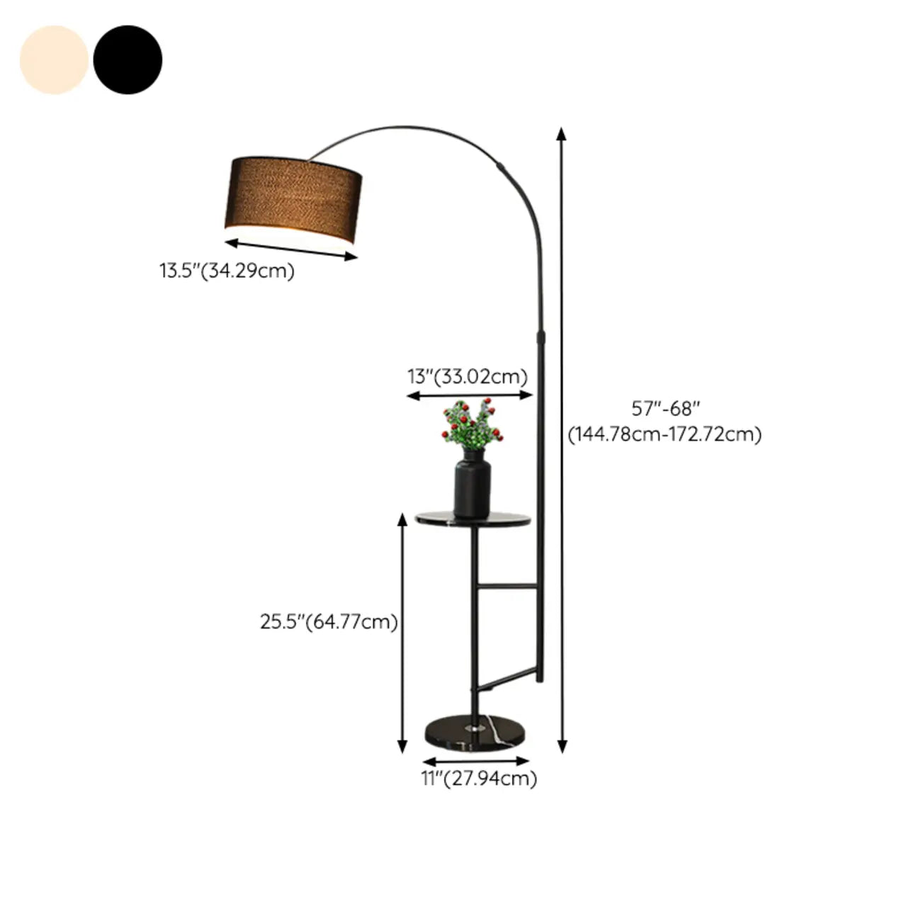 Lampadaire moderne à arc réglable avec abat-jour cylindrique en tissu et table intégrée