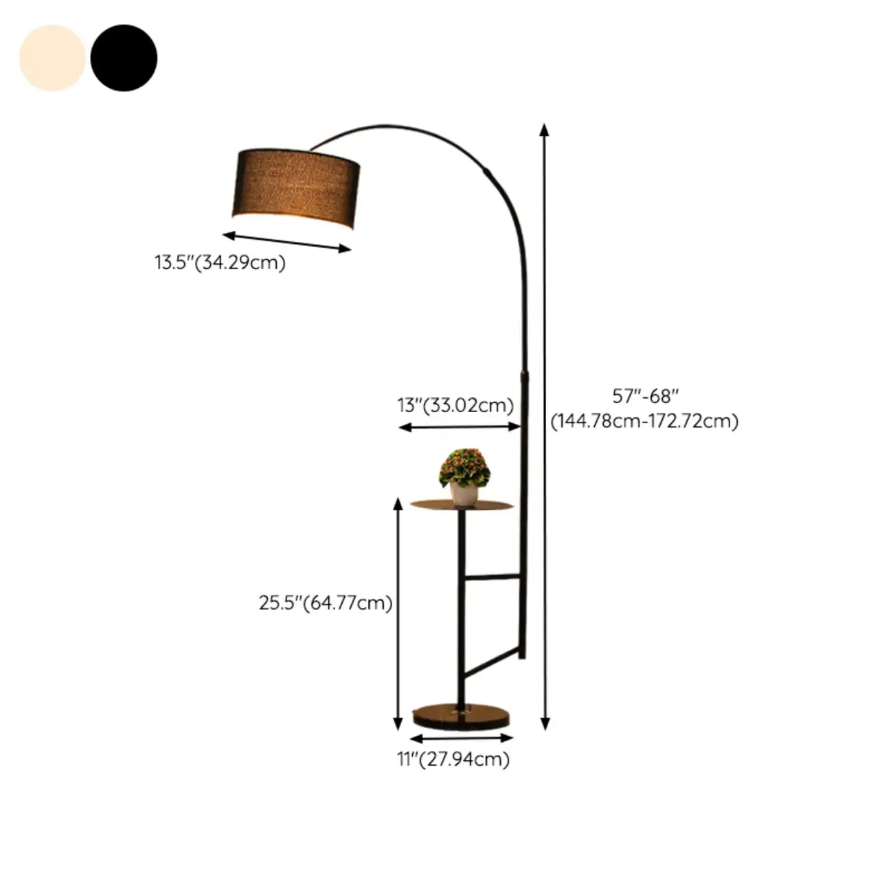 Lampadaire moderne à arc réglable avec abat-jour cylindrique en tissu et table intégrée