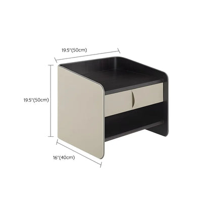 Table de chevet moderne à deux niveaux en bois, cuir et étagères, avec tiroirs