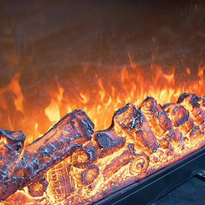 Meuble TV rectangulaire en pierre blanche de 94,5 pouces avec cheminée et éclairage