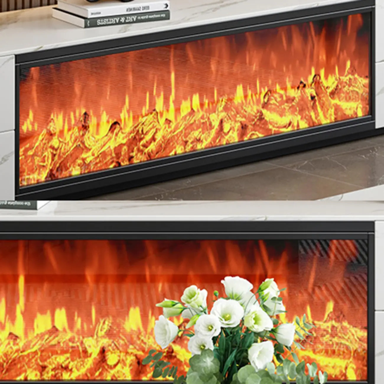 Meuble TV rectangulaire en pierre blanche de 94,5 pouces avec cheminée et éclairage