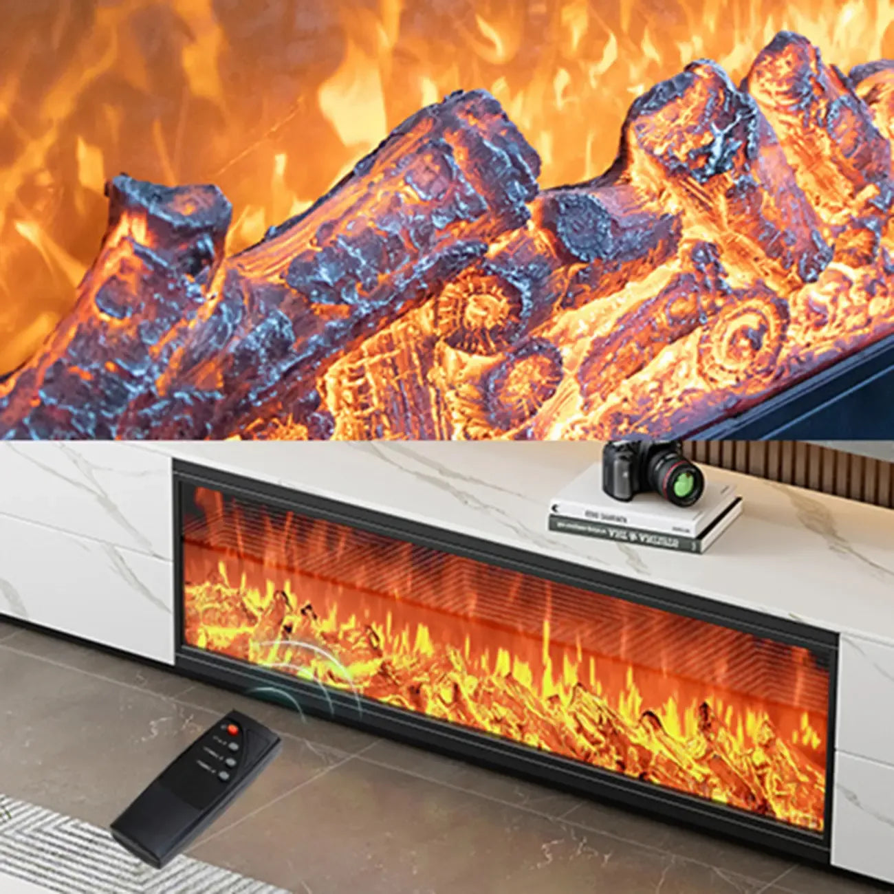 Meuble TV rectangulaire en pierre blanche de 94,5 pouces avec cheminée et éclairage