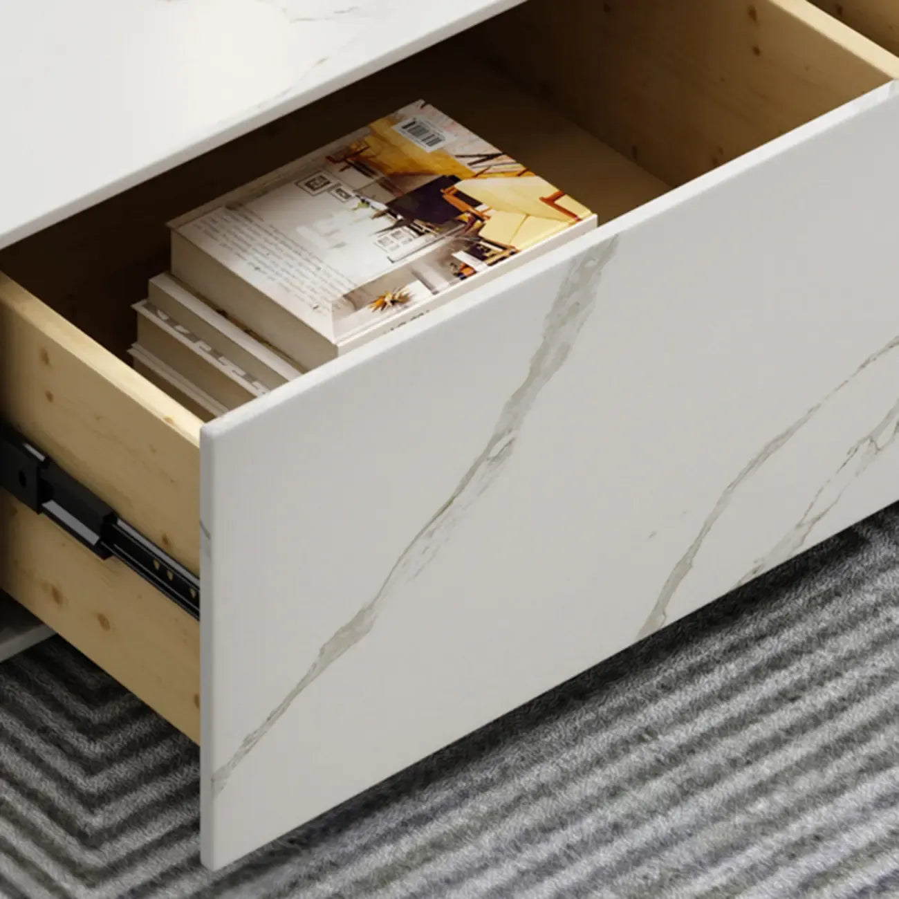 Meuble TV rectangulaire en pierre blanche de 94,5 pouces avec cheminée et éclairage