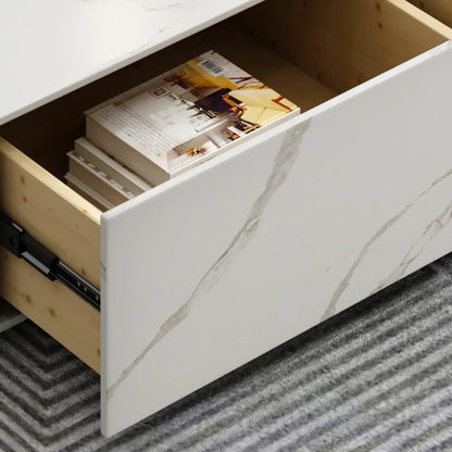 Meuble TV rectangulaire en pierre blanche de 94,5 pouces avec cheminée et éclairage