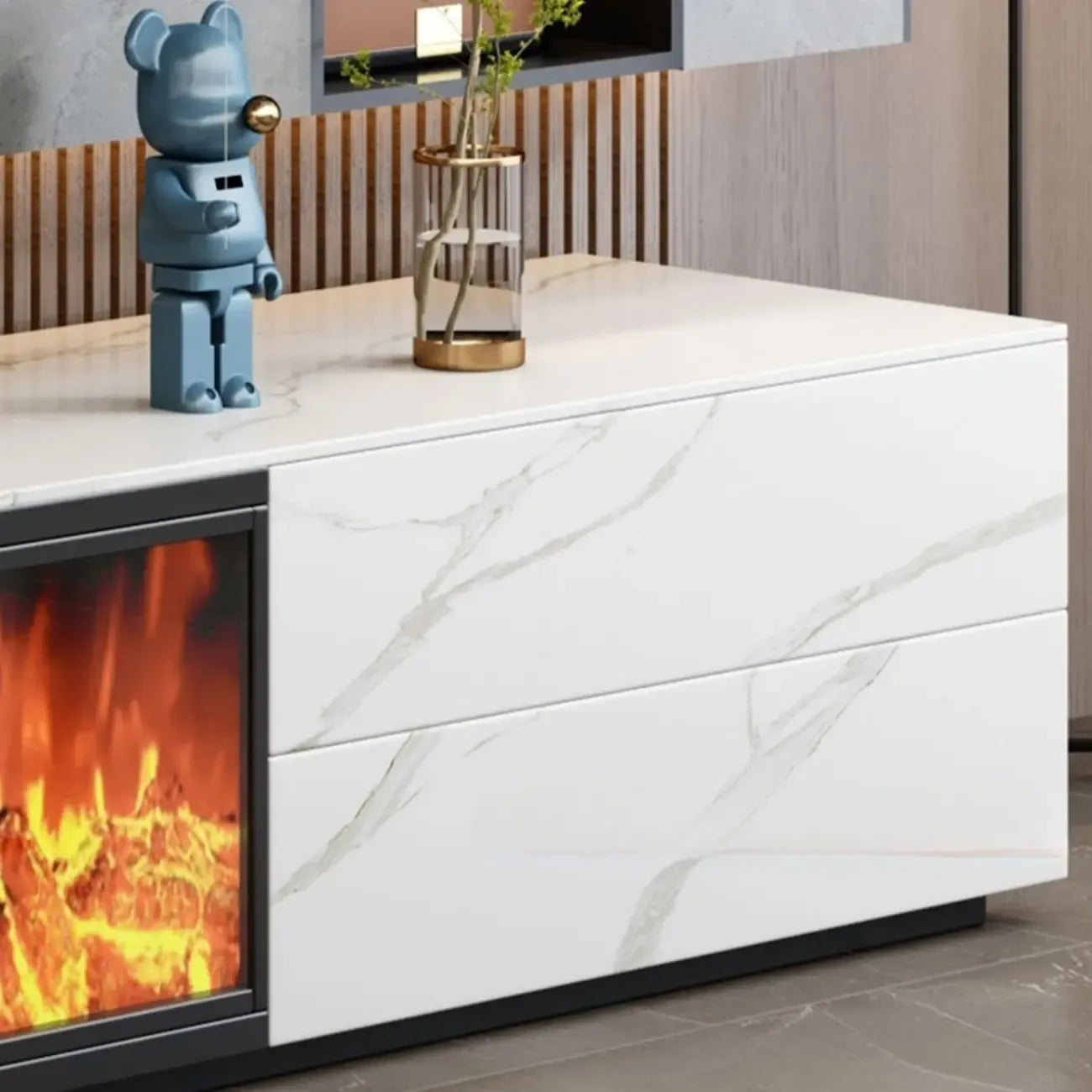 Meuble TV rectangulaire en pierre blanche de 94,5 pouces avec cheminée et éclairage