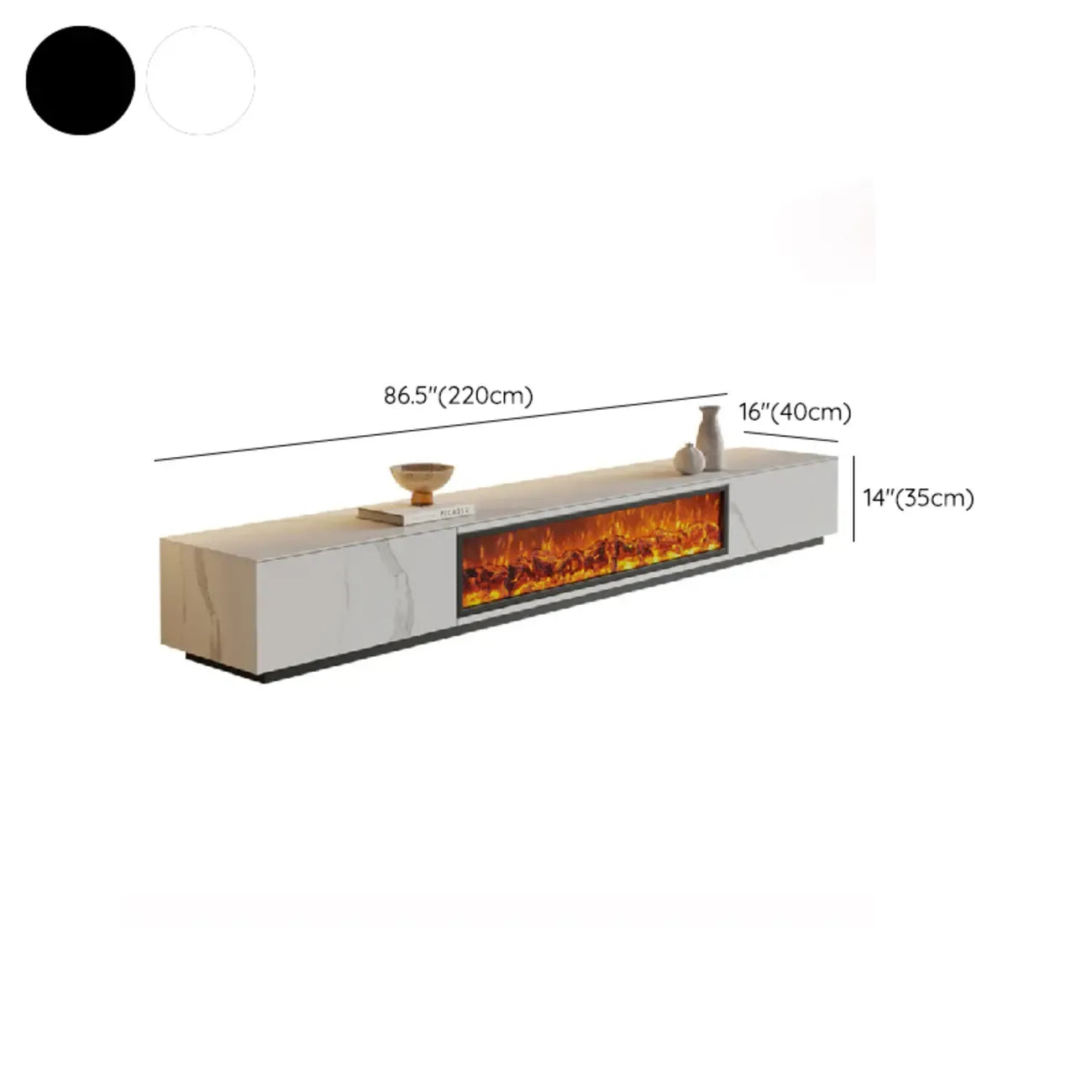 Meuble TV rectangulaire en pierre blanche de 94,5 pouces avec cheminée et éclairage