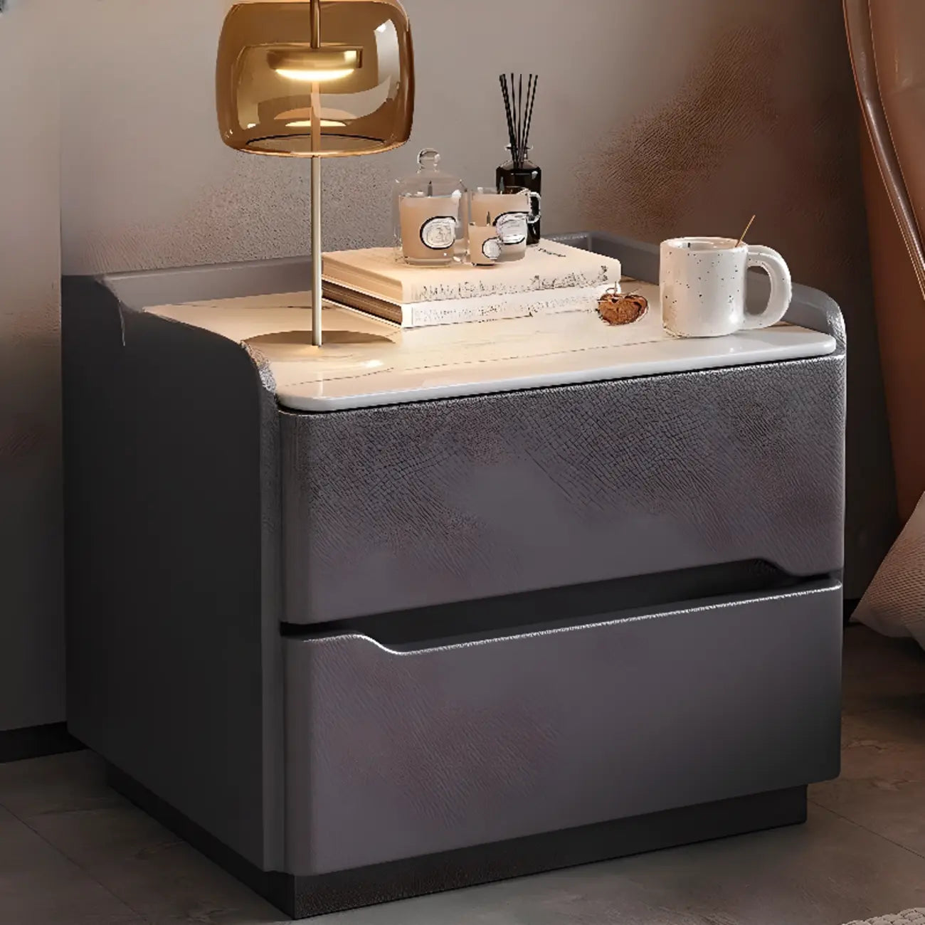 Table de chevet nordique en bois avec plateau en pierre frittée et 2 tiroirs