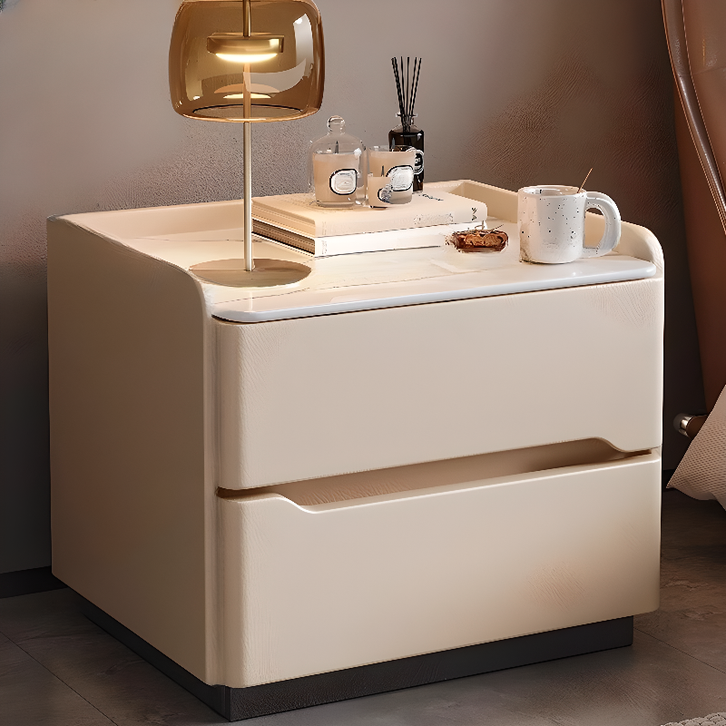 Table de chevet nordique en bois avec plateau en pierre frittée et 2 tiroirs