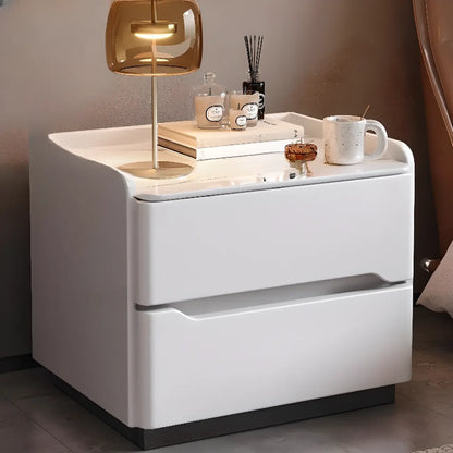 Table de chevet nordique en bois avec plateau en pierre frittée et 2 tiroirs