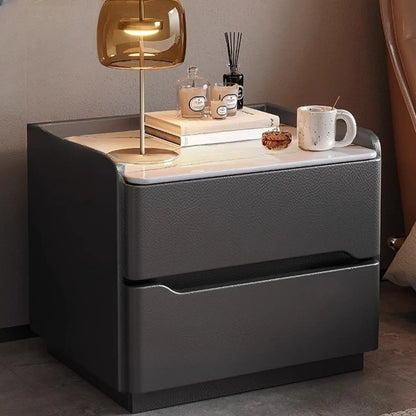 Table de chevet nordique en bois avec plateau en pierre frittée et 2 tiroirs