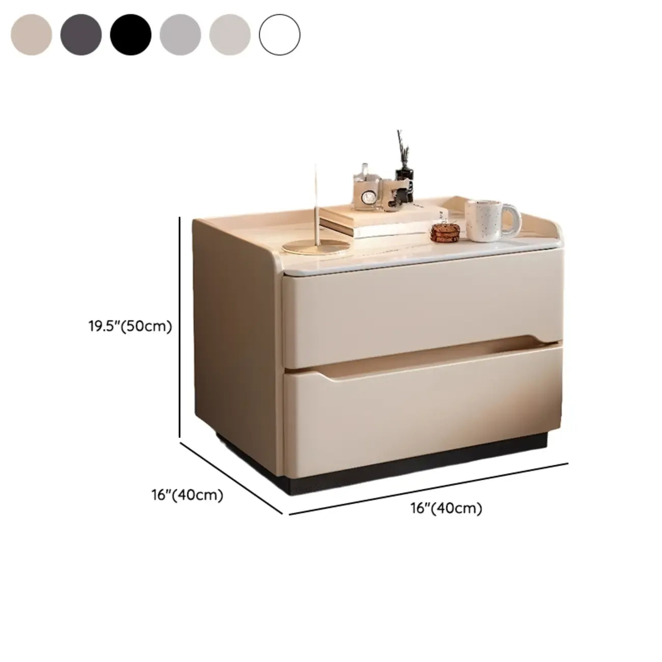 Table de chevet nordique en bois avec plateau en pierre frittée et 2 tiroirs