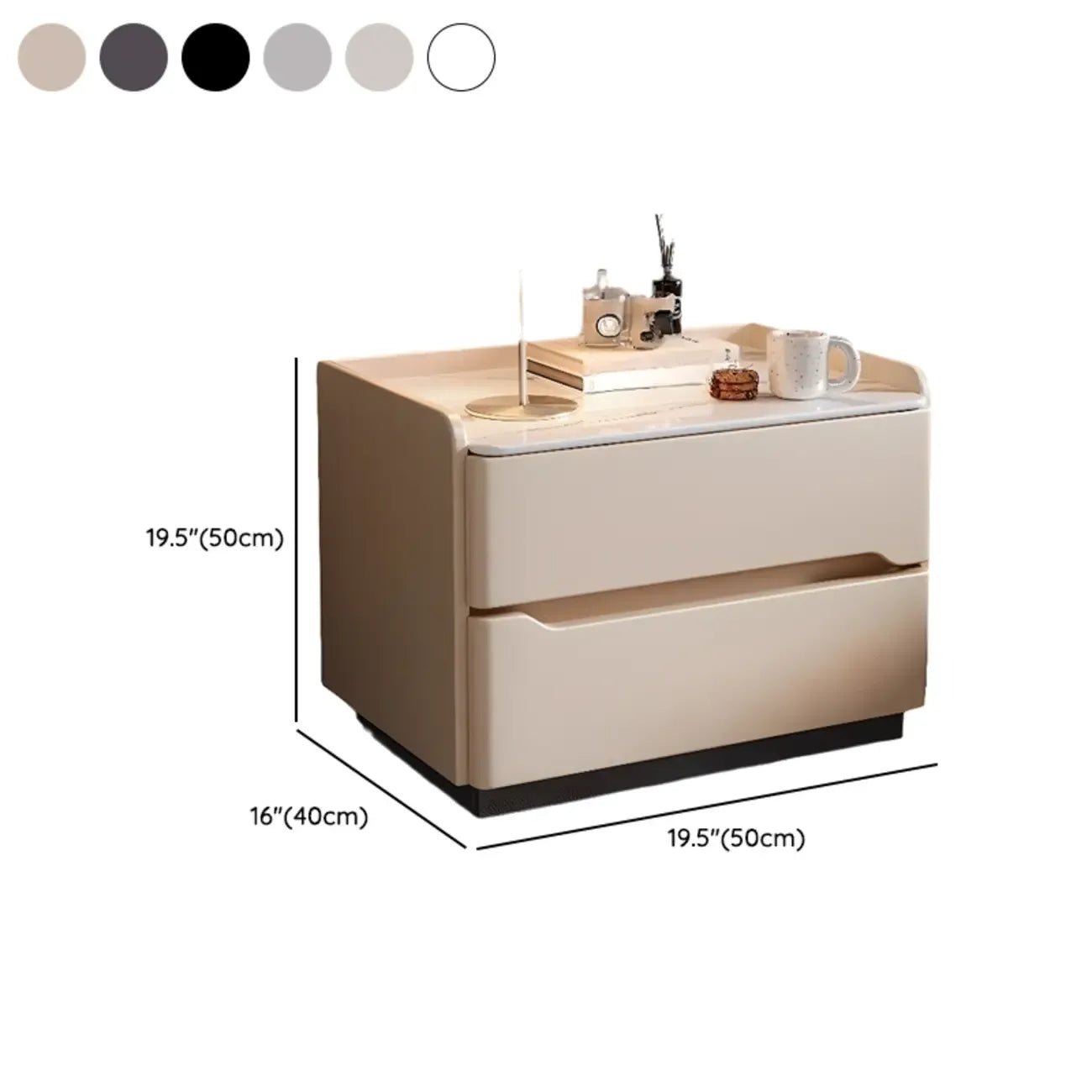 Table de chevet nordique en bois avec plateau en pierre frittée et 2 tiroirs