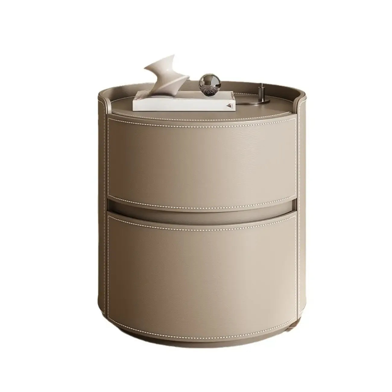 Table de chevet ronde moderne en cuir à 2 tiroirs