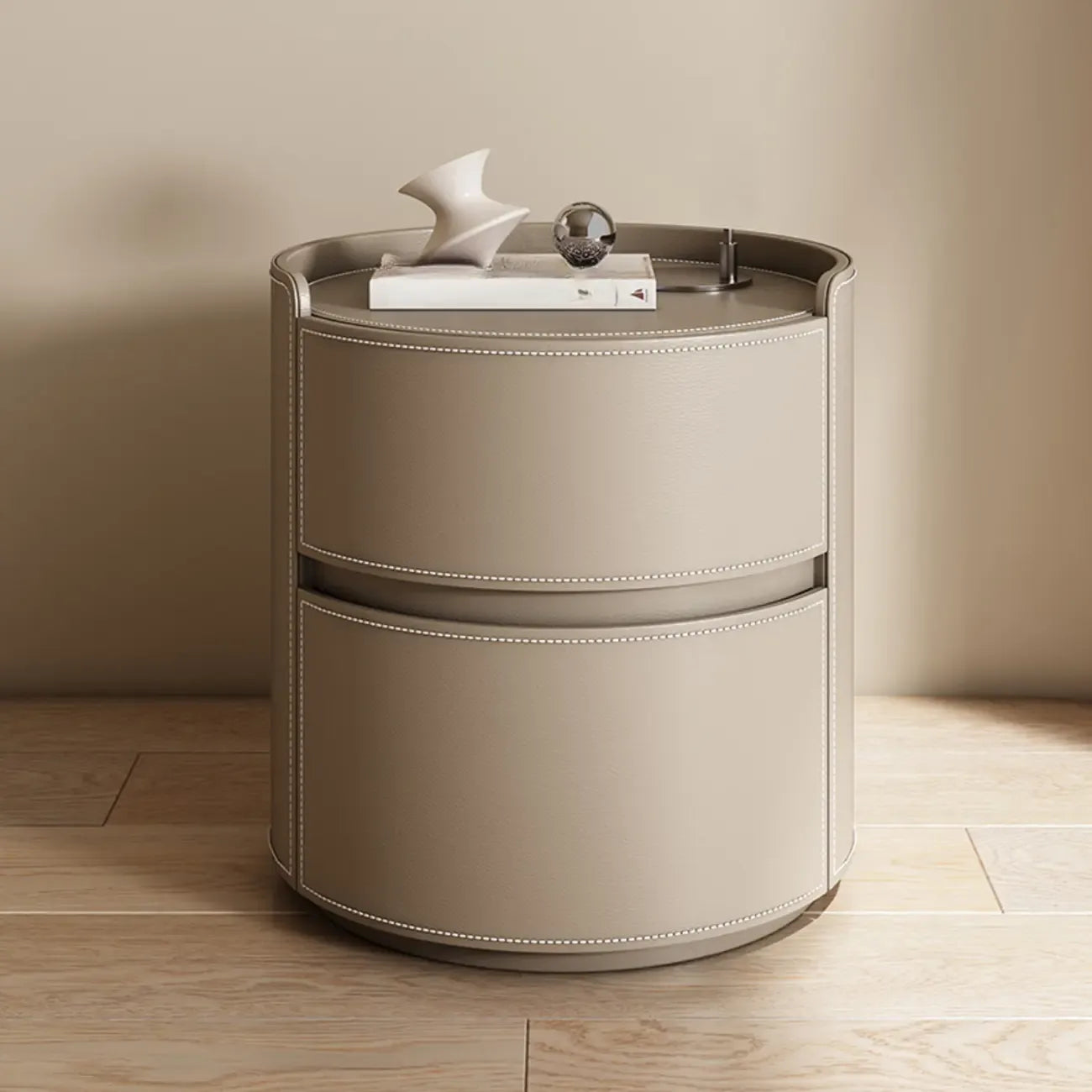 Table de chevet ronde moderne en cuir à 2 tiroirs