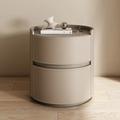 Table de chevet ronde moderne en cuir à 2 tiroirs