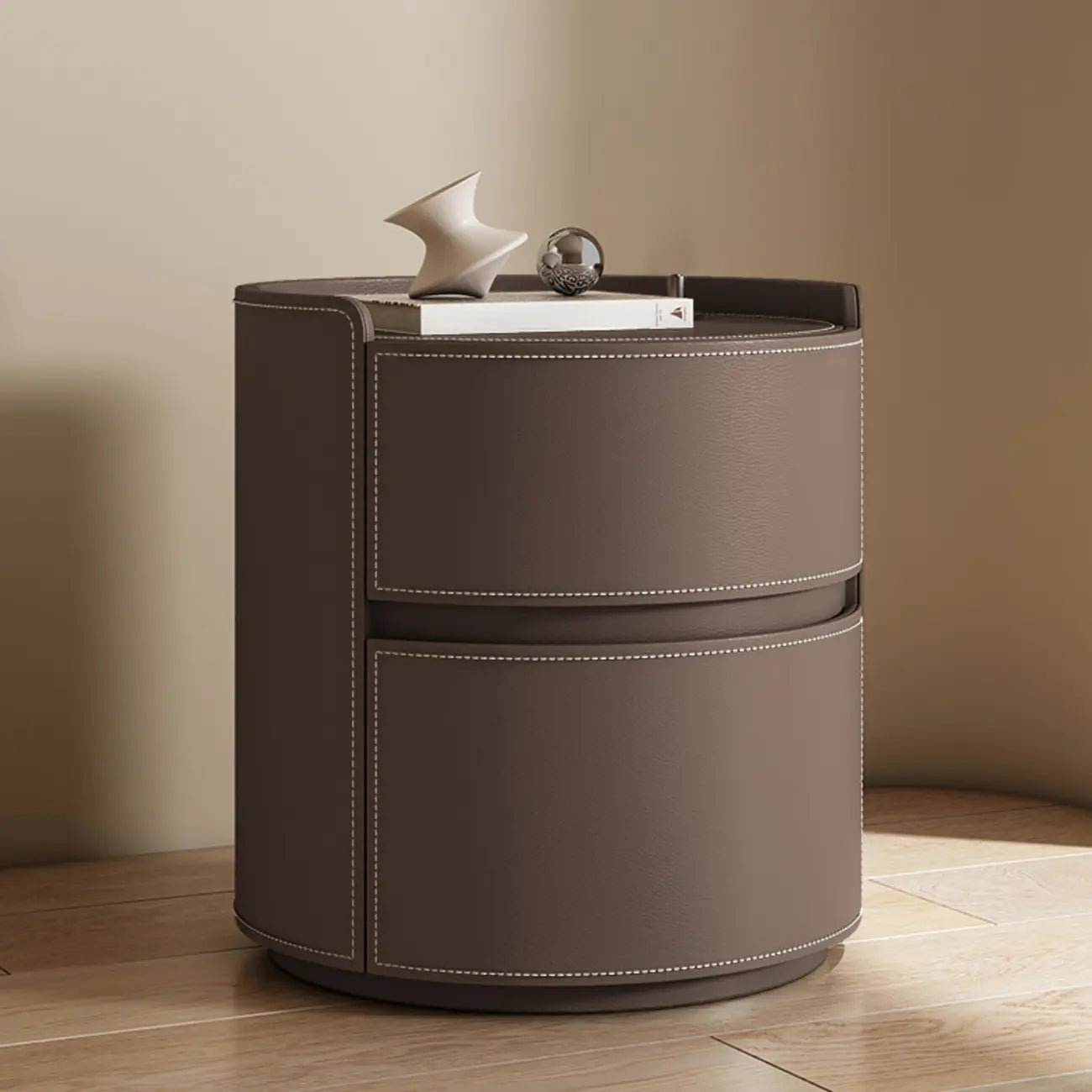 Table de chevet ronde moderne en cuir à 2 tiroirs