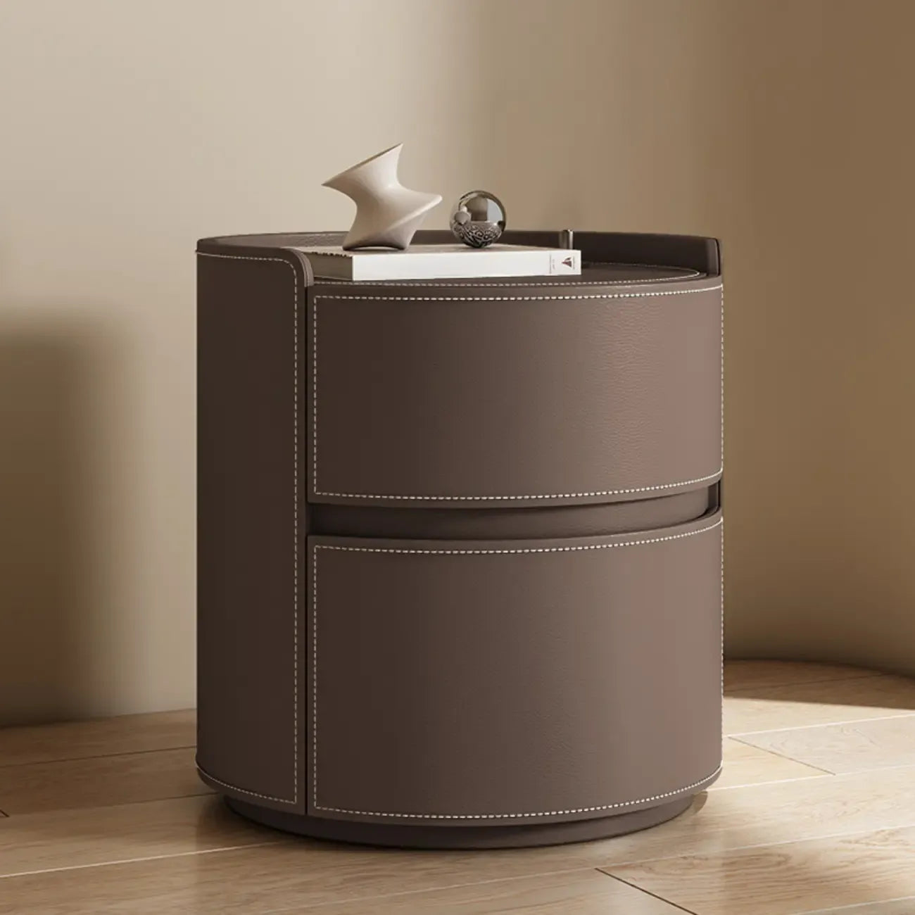 Table de chevet ronde moderne en cuir à 2 tiroirs