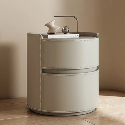 Table de chevet ronde moderne en cuir à 2 tiroirs