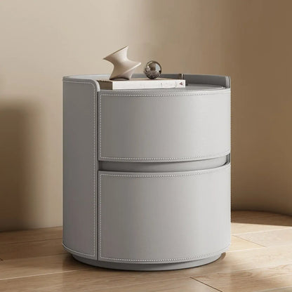 Table de chevet ronde moderne en cuir à 2 tiroirs