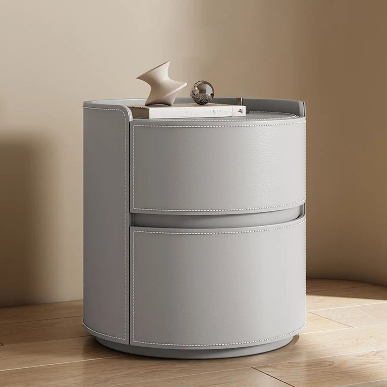 Table de chevet ronde moderne en cuir à 2 tiroirs