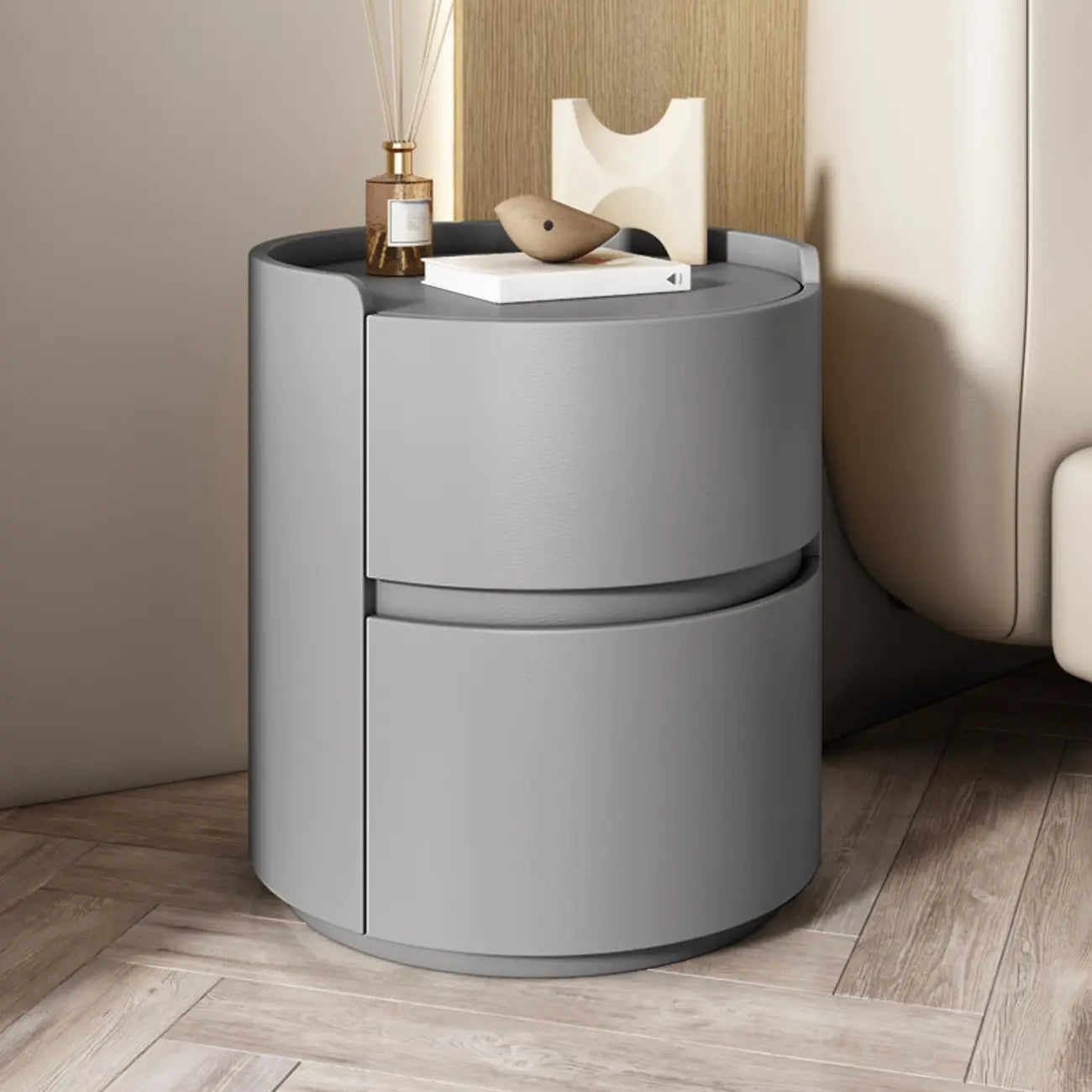 Table de chevet ronde moderne en cuir à 2 tiroirs