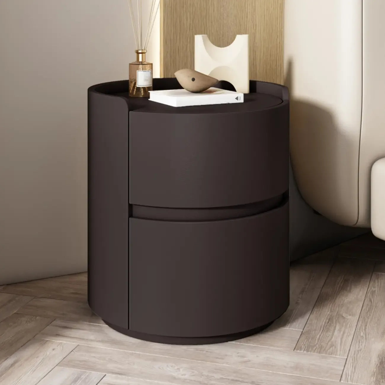 Table de chevet ronde moderne en cuir à 2 tiroirs