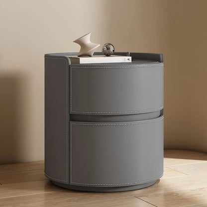 Table de chevet ronde moderne en cuir à 2 tiroirs
