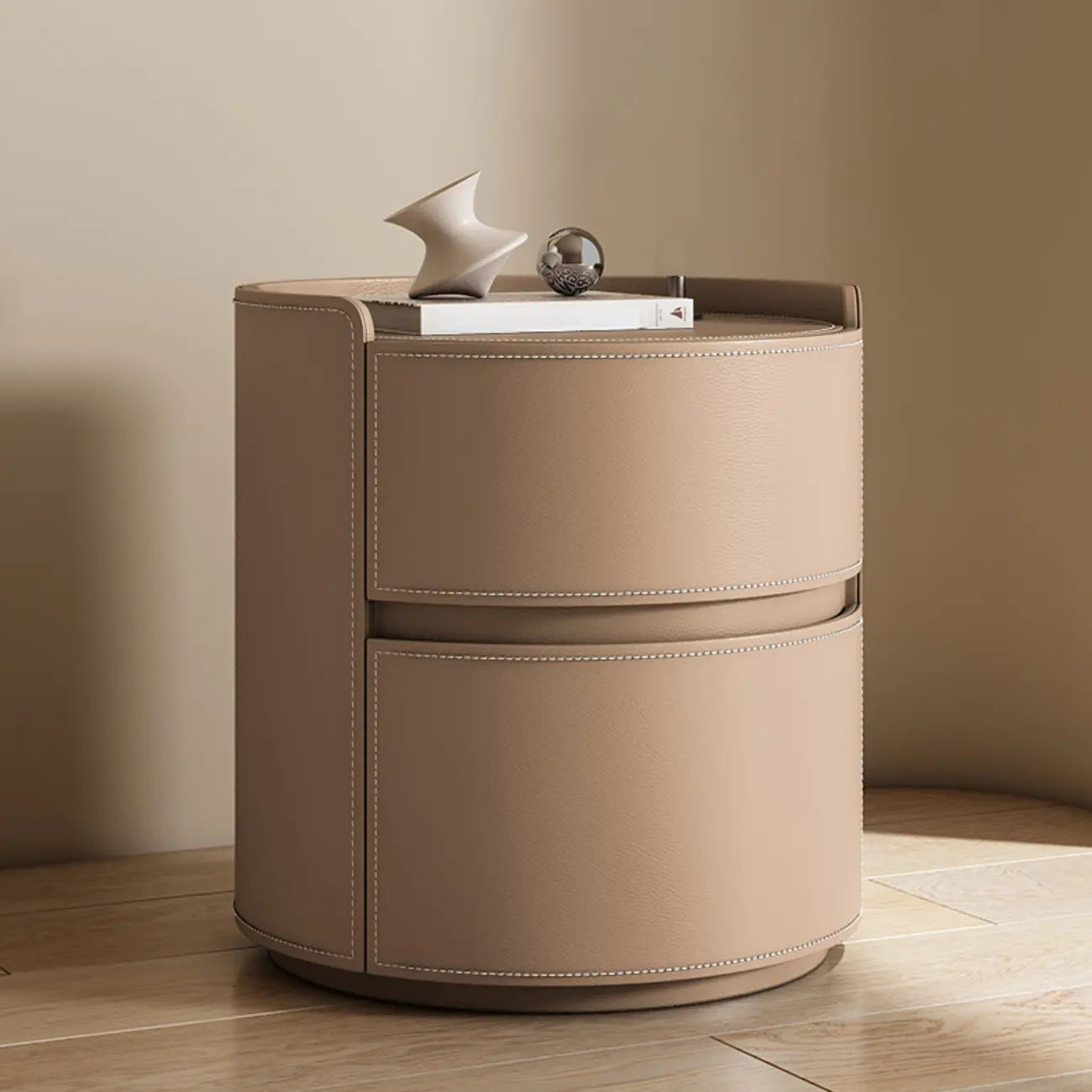 Table de chevet ronde moderne en cuir à 2 tiroirs